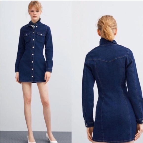 ZARA Authentic Denim Dress Shirt Mini Button-up Long-sleeve Navy Blue XS - Picture 4 of 7